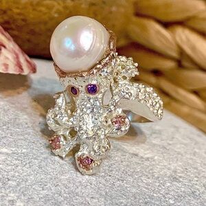 Pearl Kunzite & Amethyst Gemstone Sterling Octopus Ring